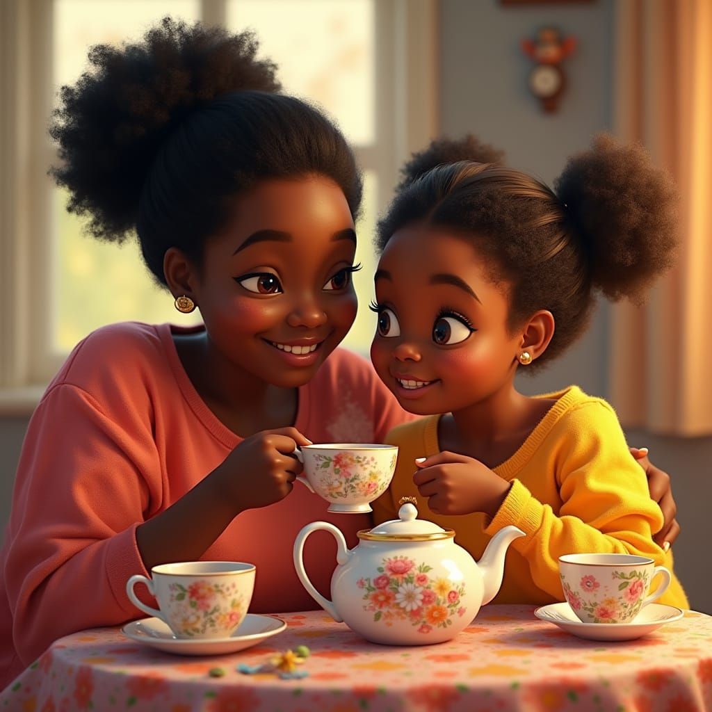 Festive Animated Portrait of Child Enjoying Tea