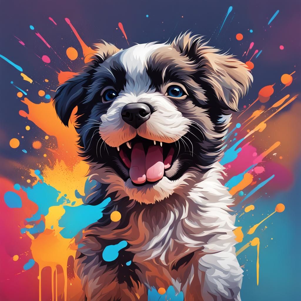 Smiling Puppy Hyperrealistic Splash Art Portrait