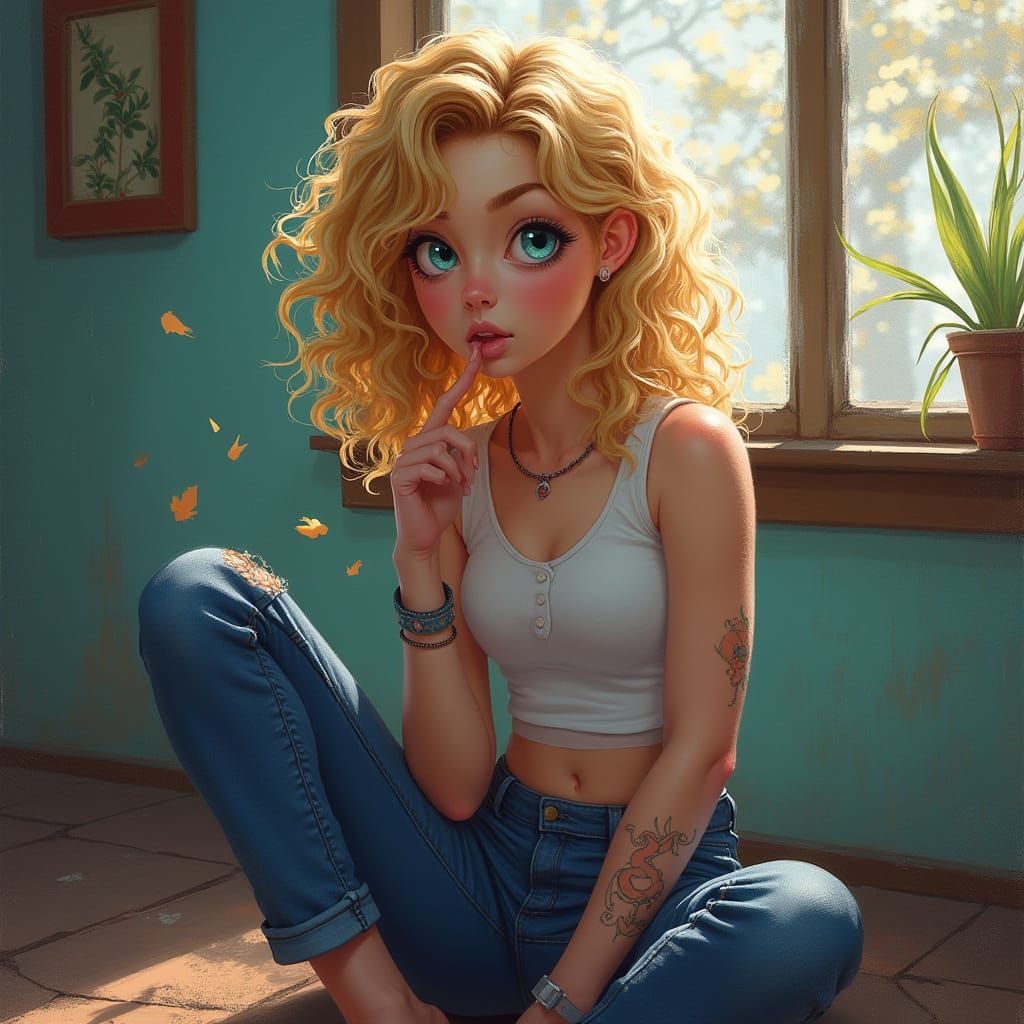 Shy Girl in Jeans Hotpants: Digital Art Portrait