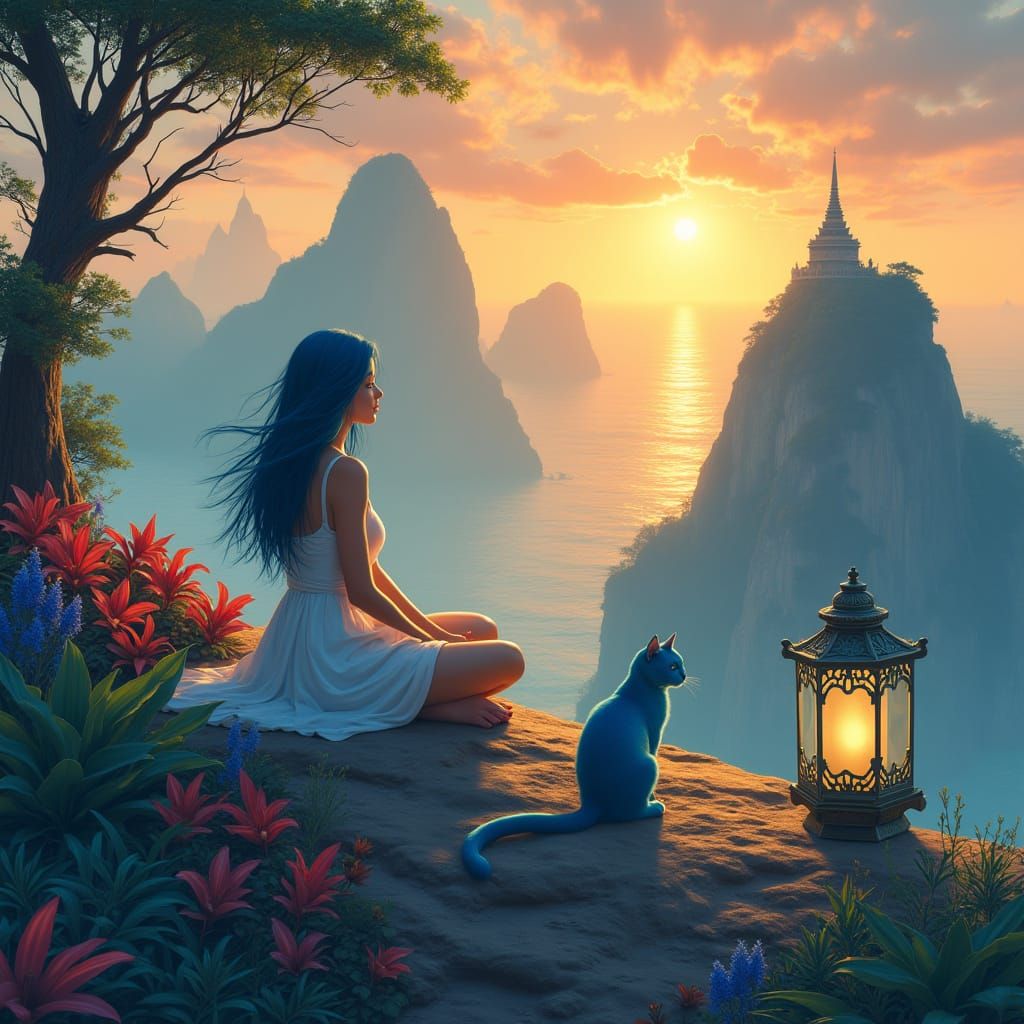 Ethereal Mountain Goddess with Blue Cat in Vibrant Floral La...