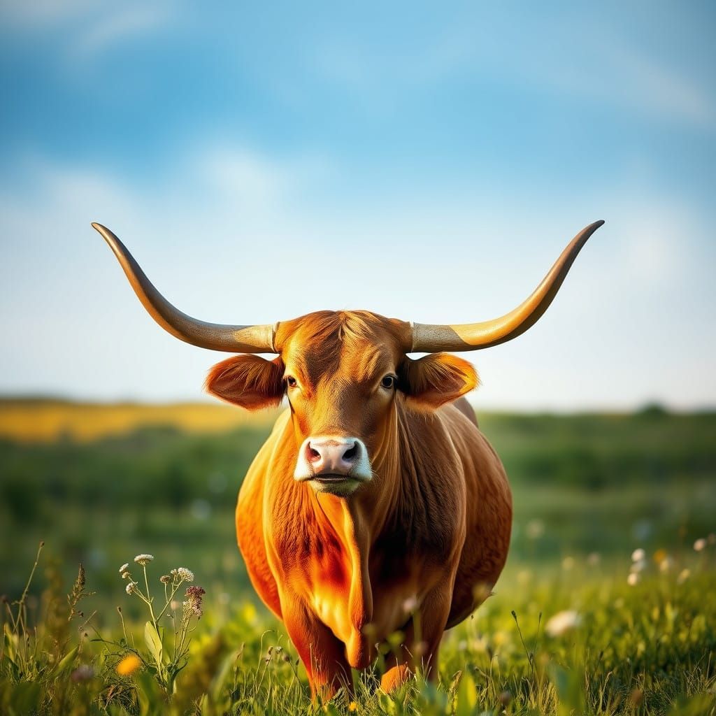 Majestic Long-Horned Cow in Lush Green Meadow