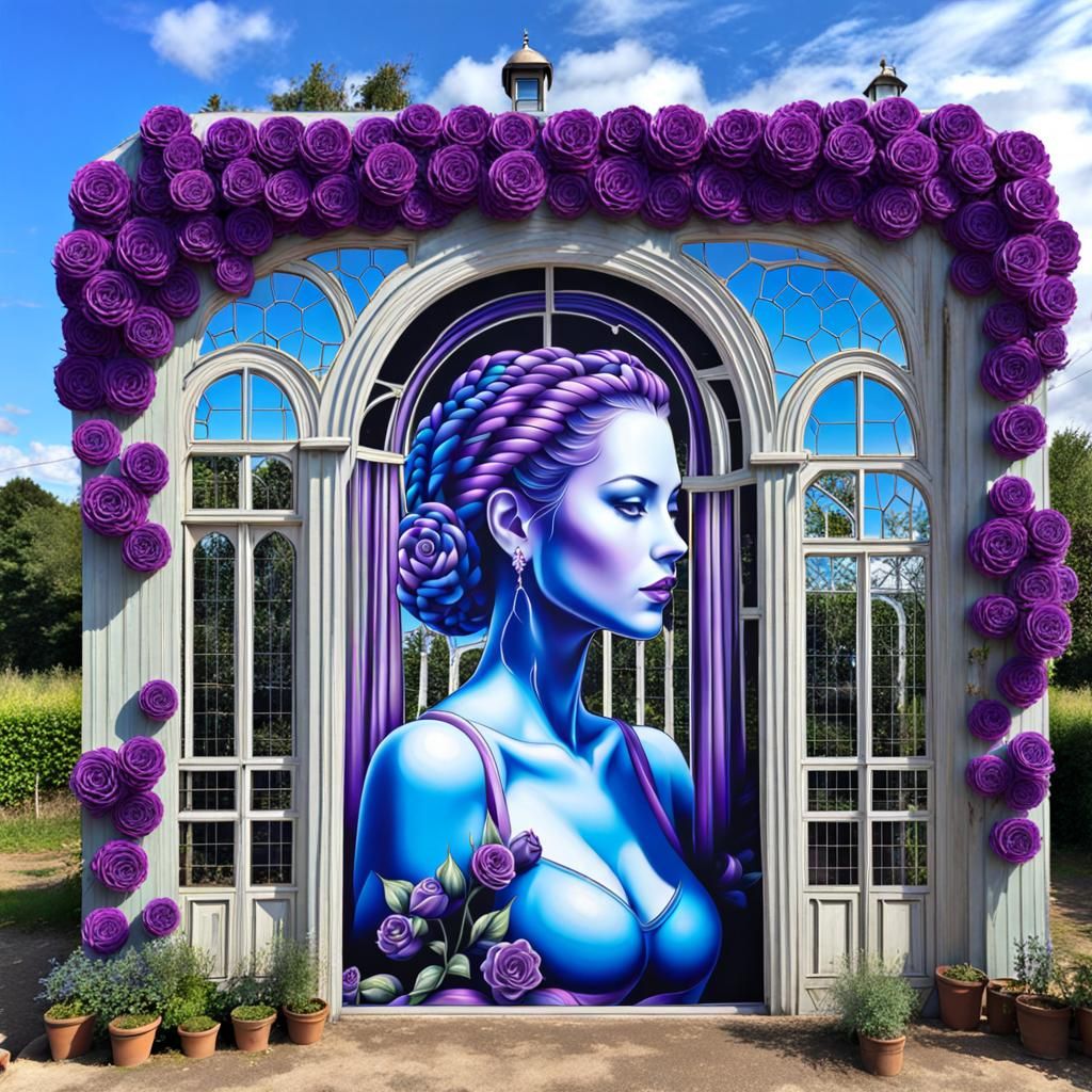 3D Mural of Braided Girl in Greenhouse, Holographic Illusion