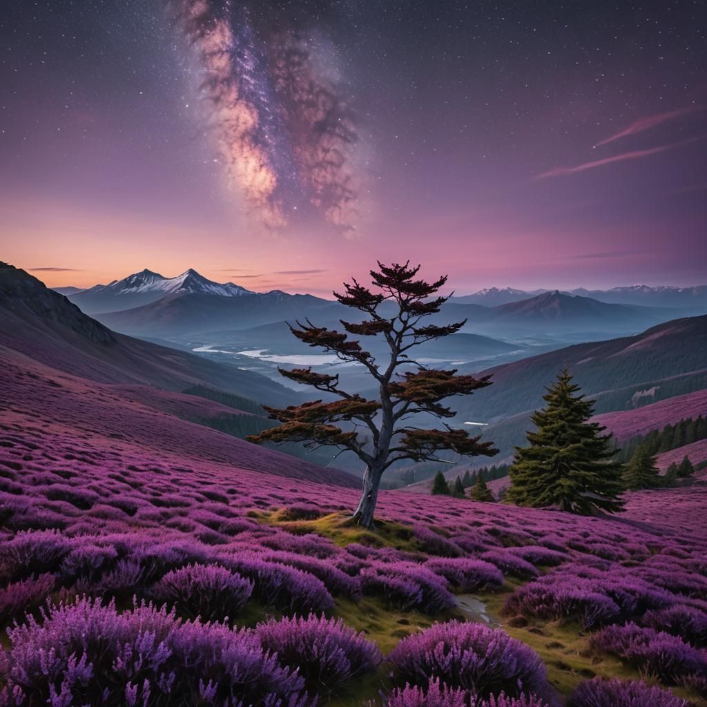 Purple Heather Landscape at Sunset with Milky Way