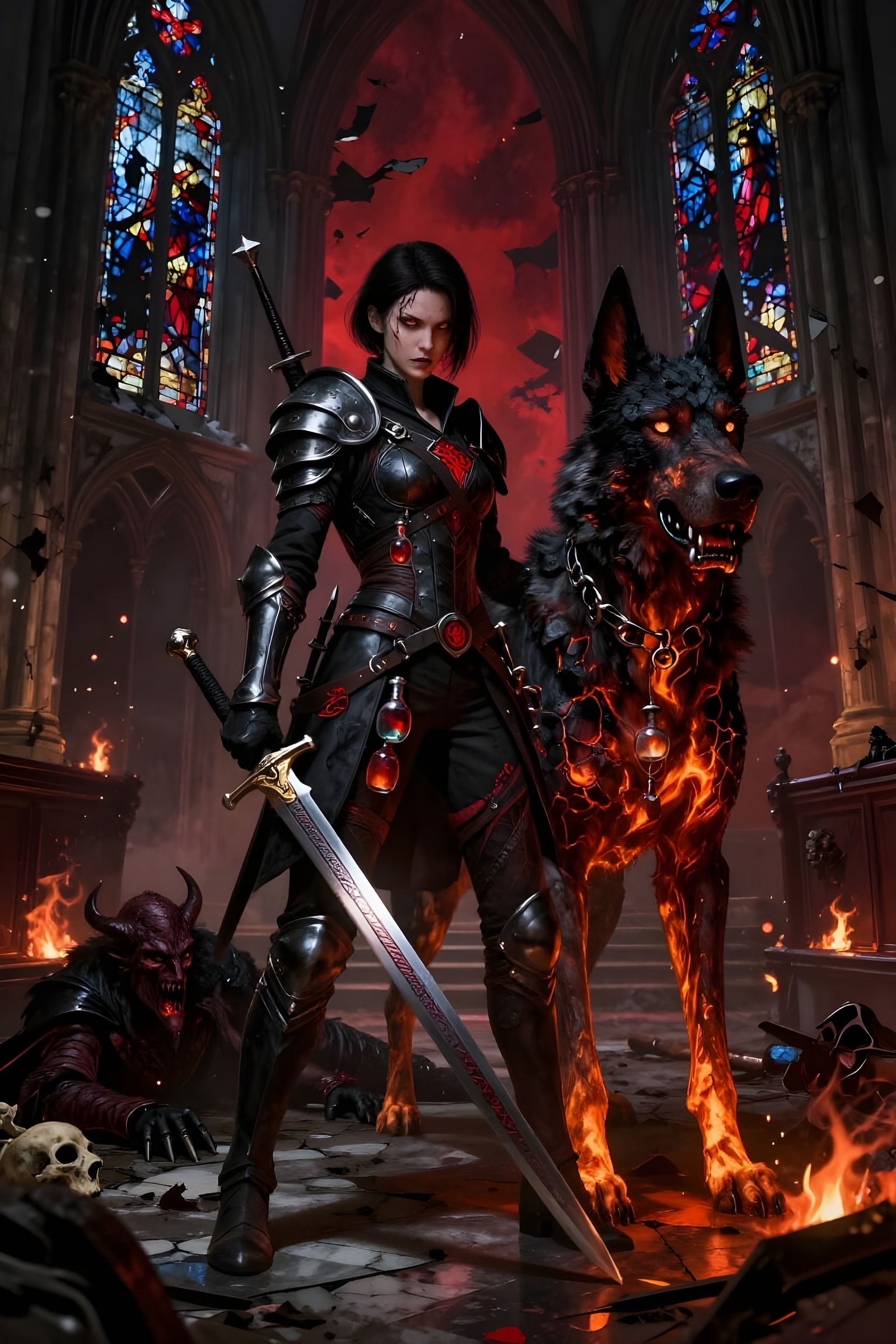 Demon Huntress and Hellhound in Gothic Cathedral
