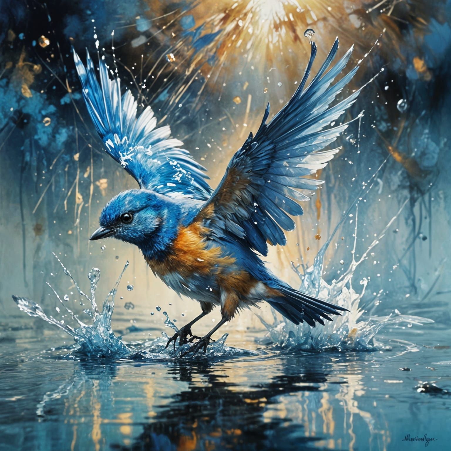 Bluebird in Flight Above Water as Impressionist Oil Painting