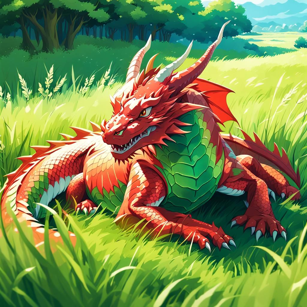 Friendly Red Dragon in Lush Meadow, Anime Style