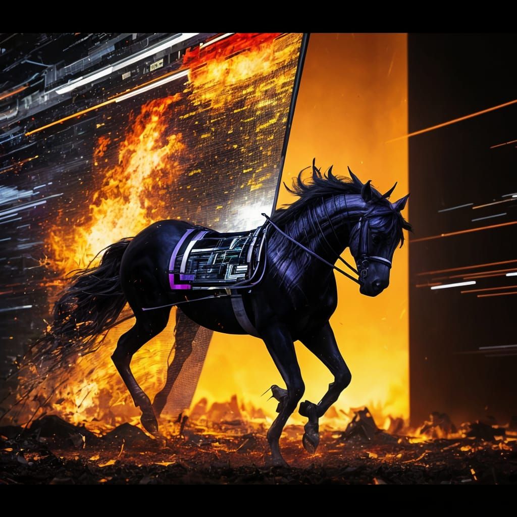 Glitch Art Horse in Fire With Motion Blur