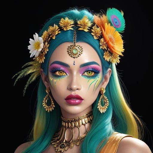 Candy Pop Art Woman with Gold Skin and Feathers