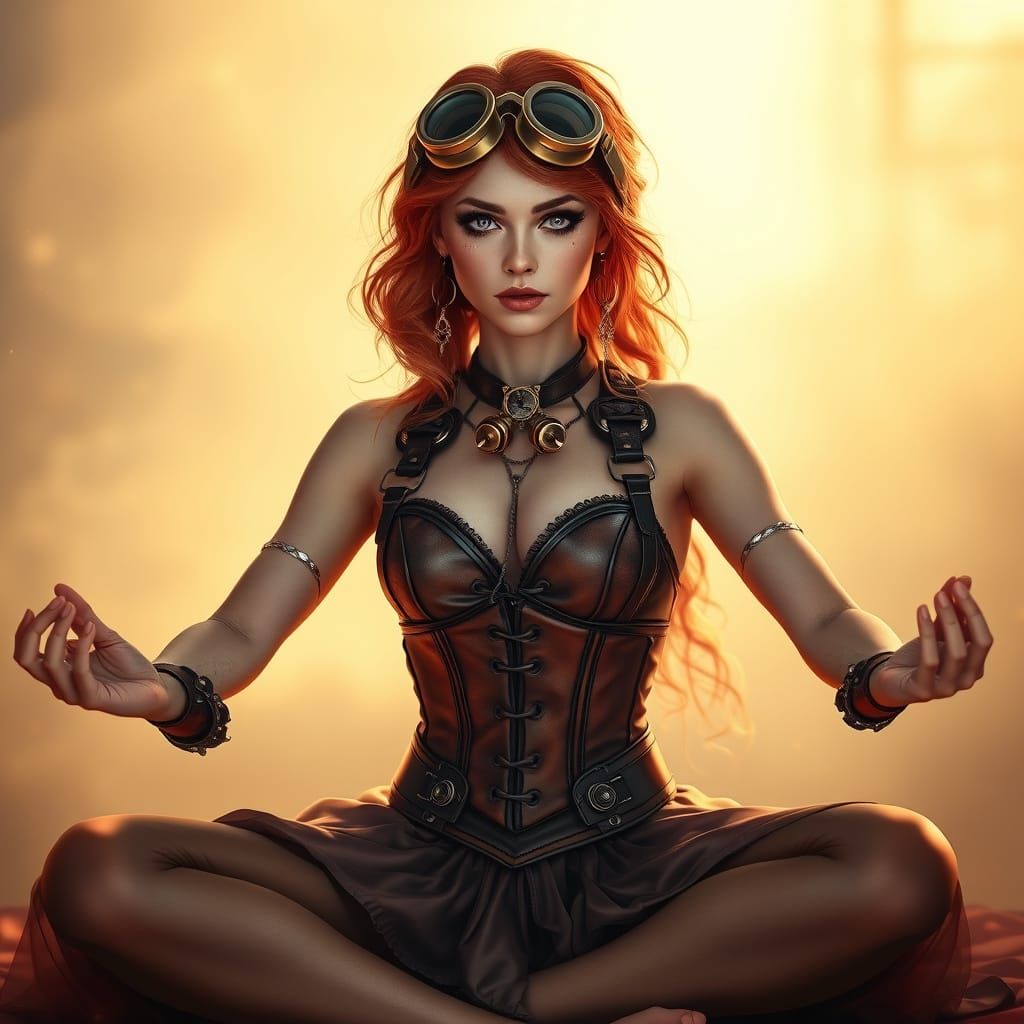 UNe FEE très belle rousse aux yeux violets, habillée style Steam punk, qui est professeur de Yoga, belle lumière