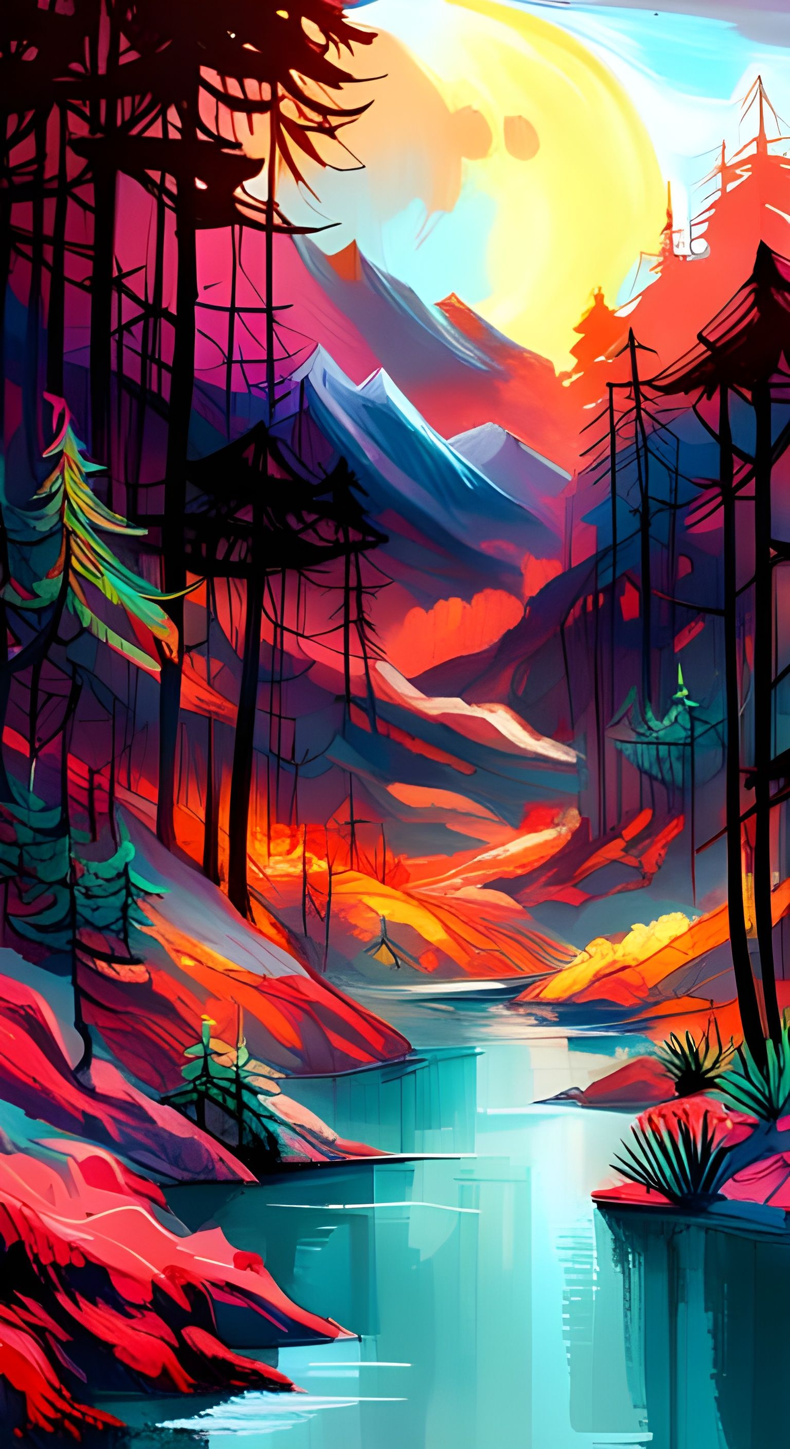 Bioluminescent Jungle Mountain Under Aurora Sky