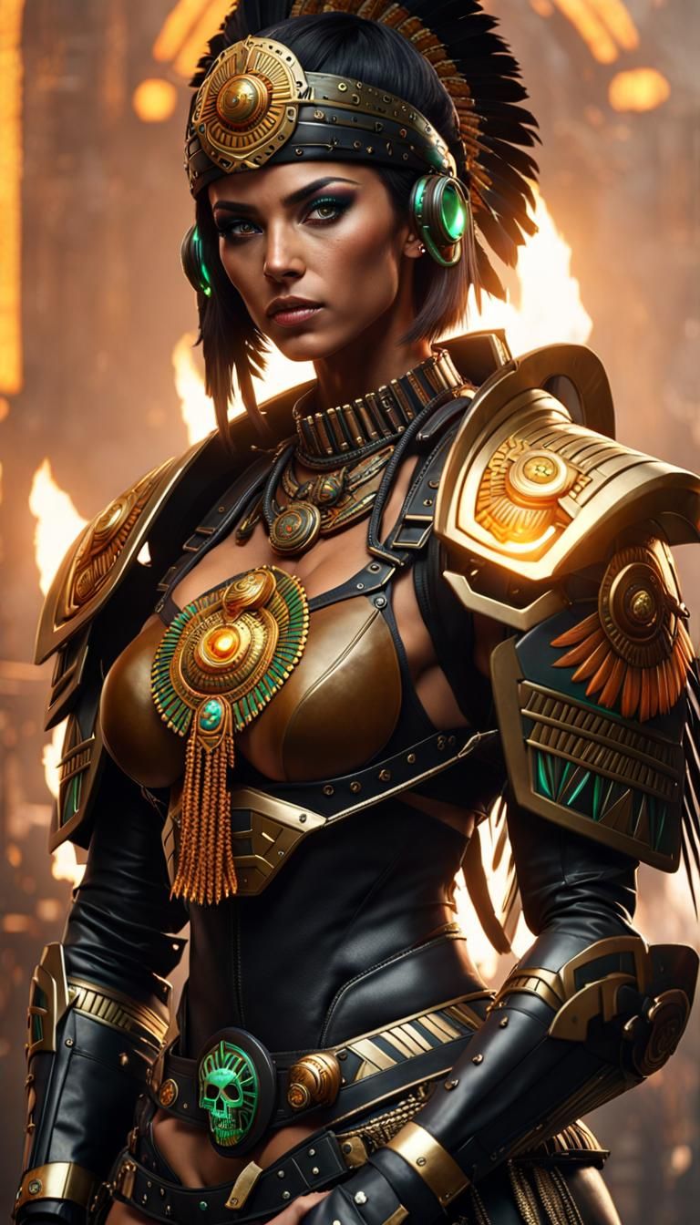 Aztec Warrior Woman in Cyberpunk Servo-Armor