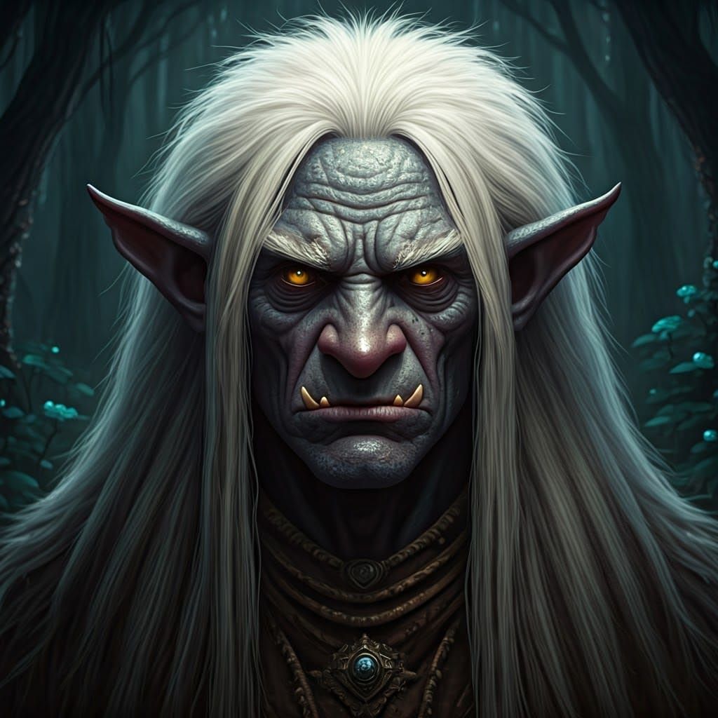 dark fantasy version of a troll, glitter white hair, in a ma...