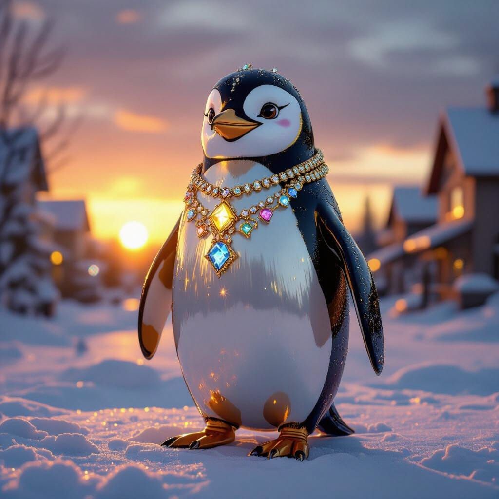 Bejeweled Penguin Statue in Winter Town at Sunset