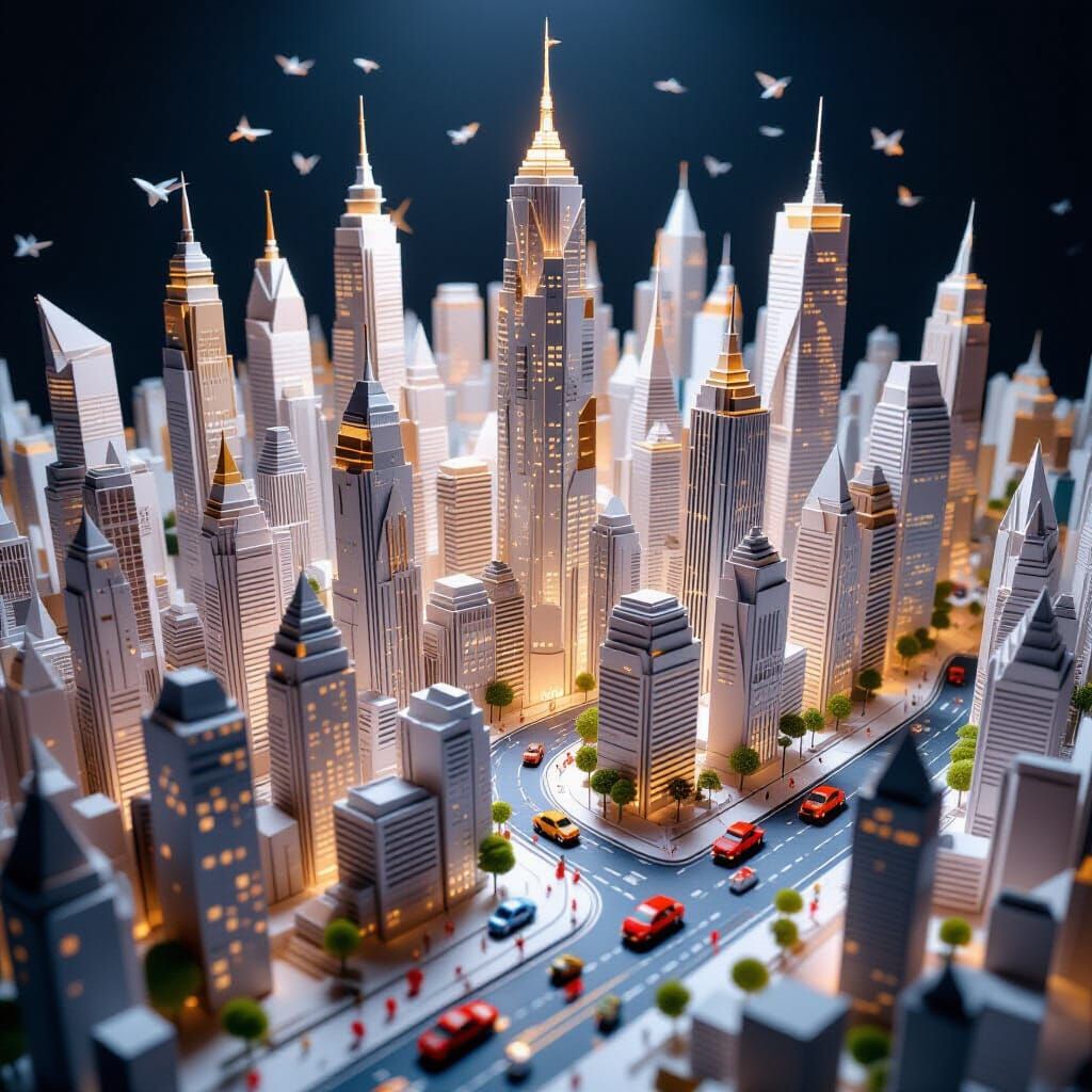 Hyperrealistic Origami Metropolis in Cinematic Lighting