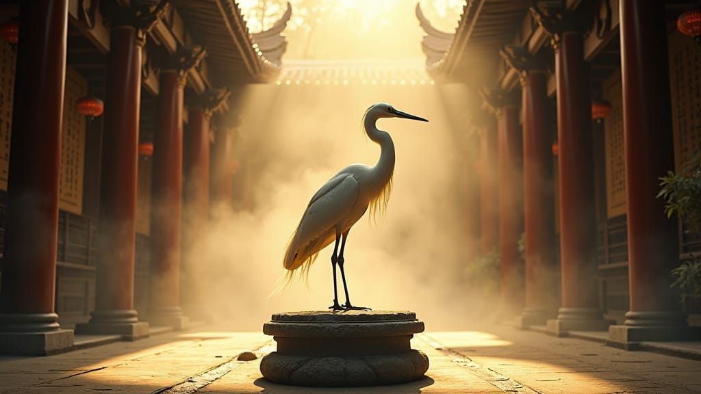 Egret in Mystical Shaolin Temple, Watercolor Style