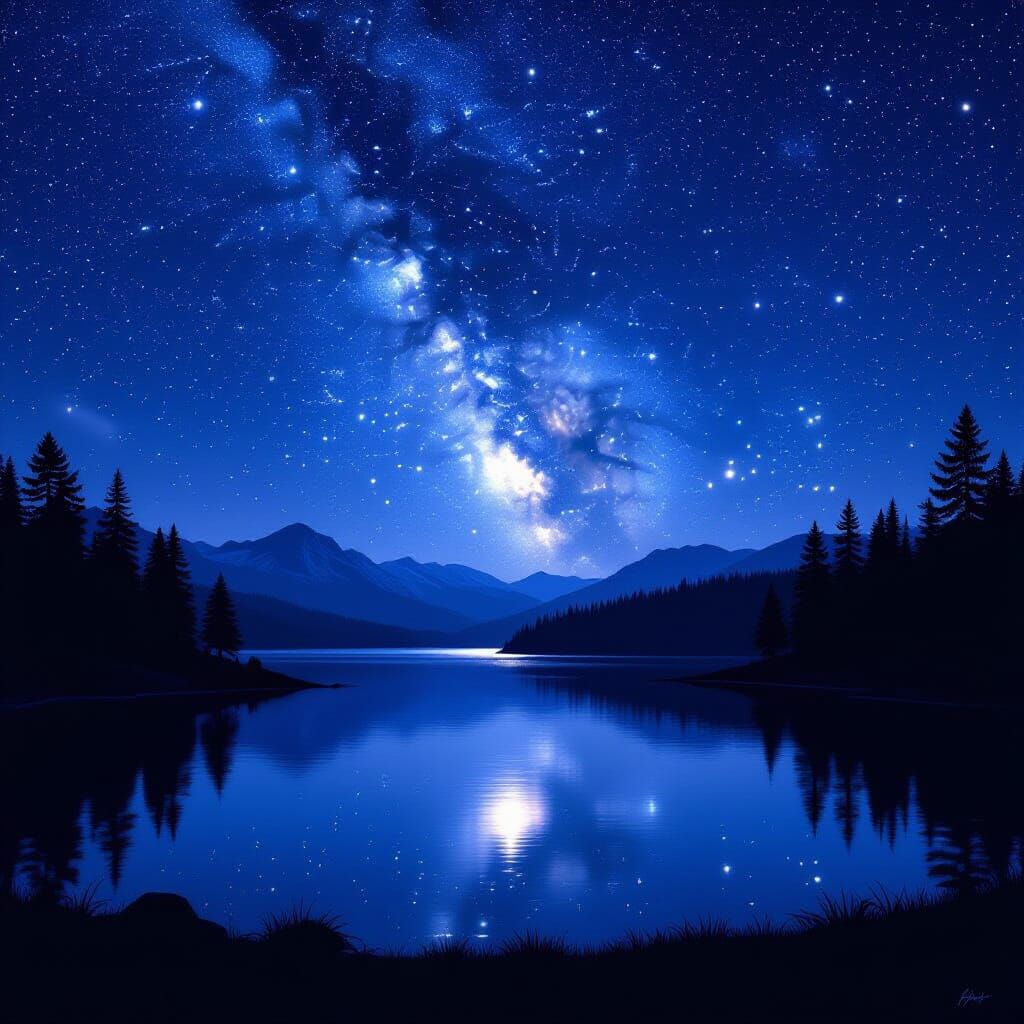 Starry Night Over Lake with Ethereal Moon Glow