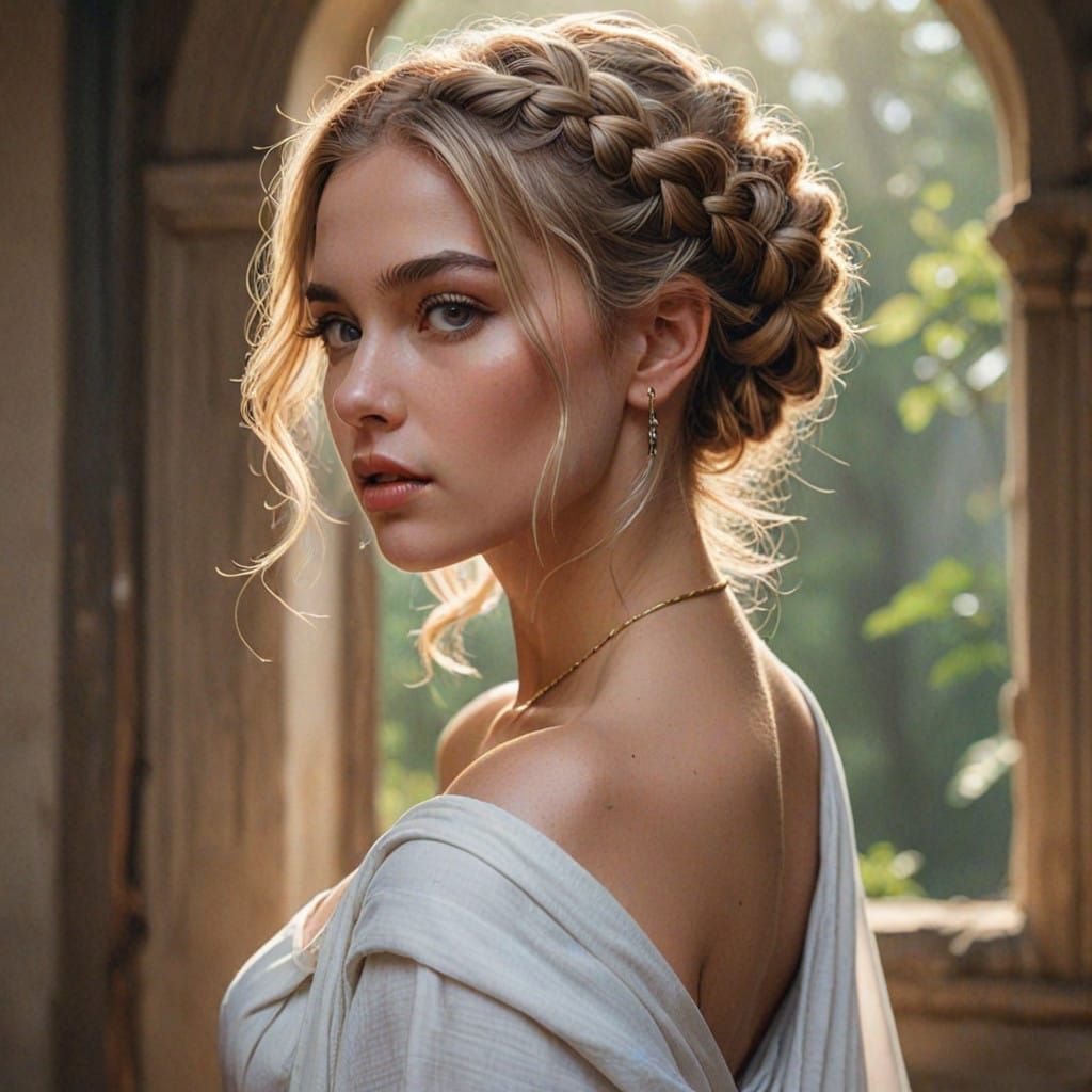 Elegant Female Character in Roman Toga, Braided Blonde Hair,...