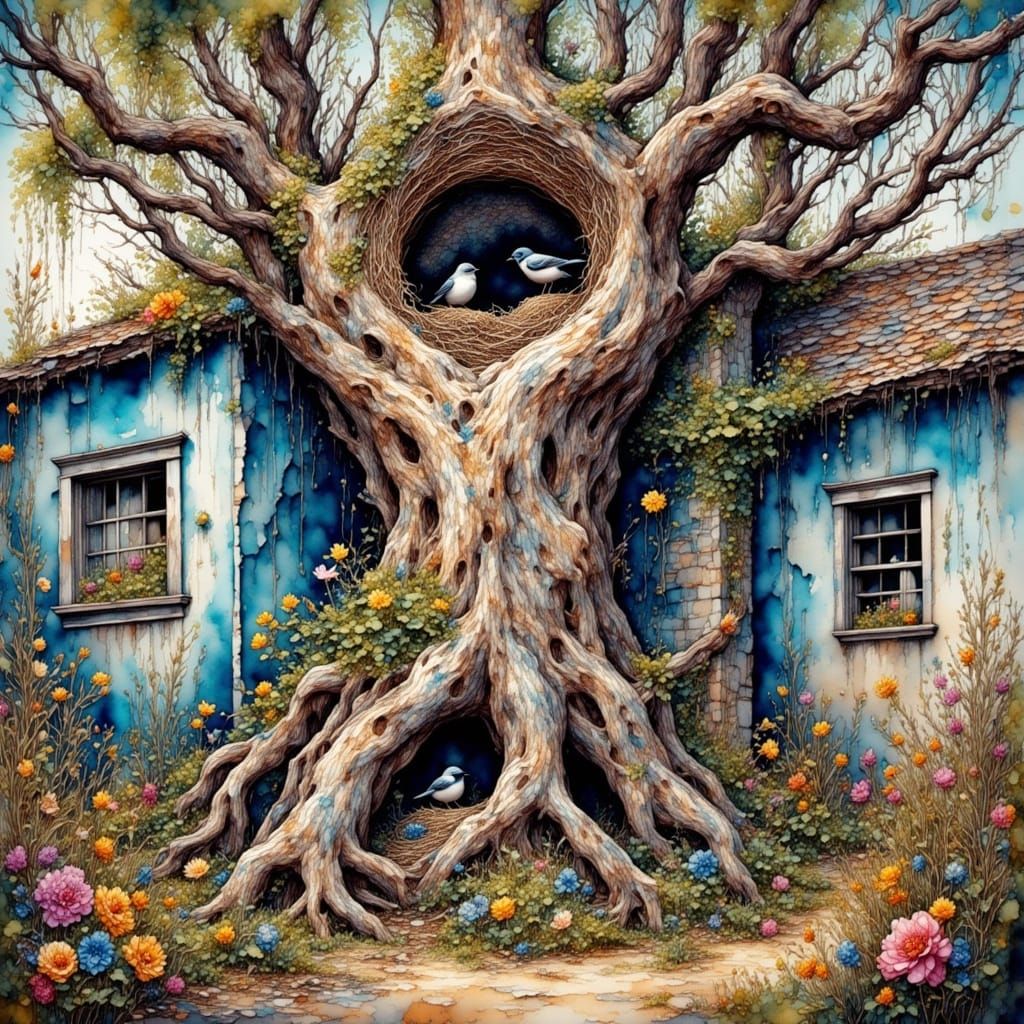 Birds Nesting in Surrealist Backyard Scene