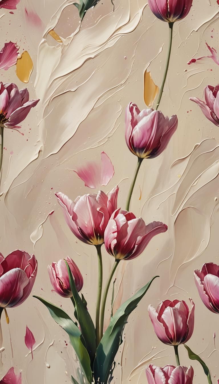 Pink Tulip Abstract Oil Painting with Loose Brushstrokes