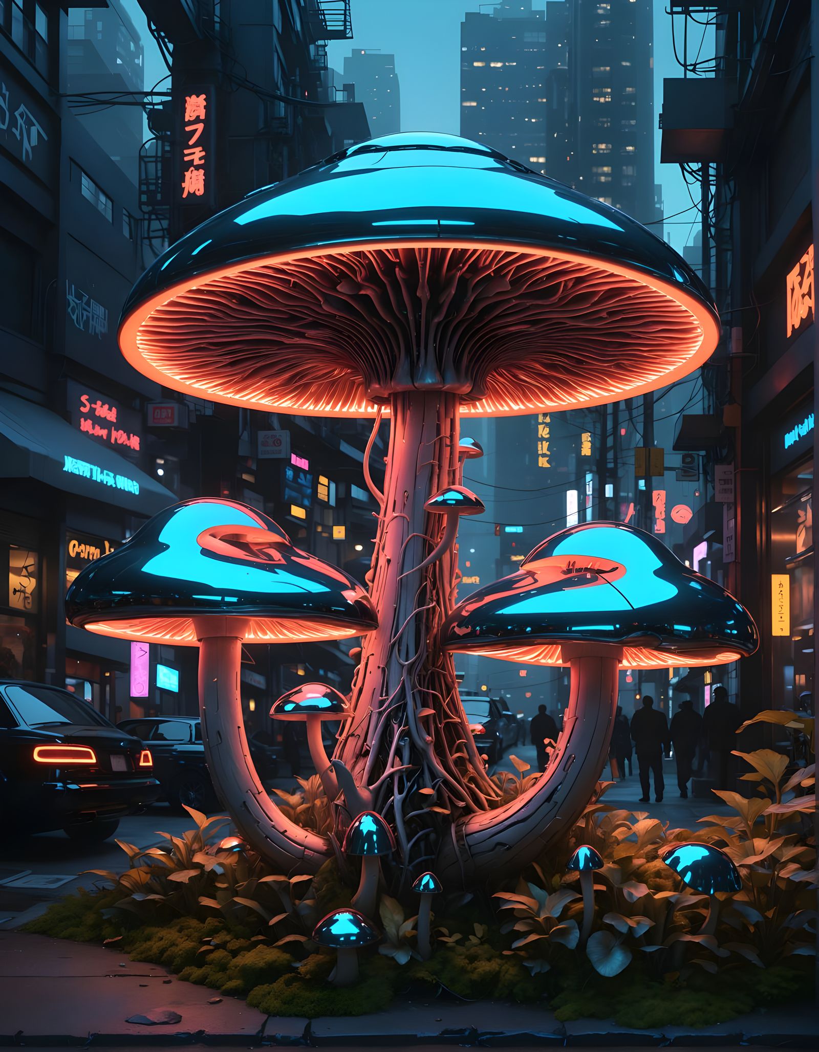 Retrofuturistic Fungi in Neon-Lit Industrial Setting
