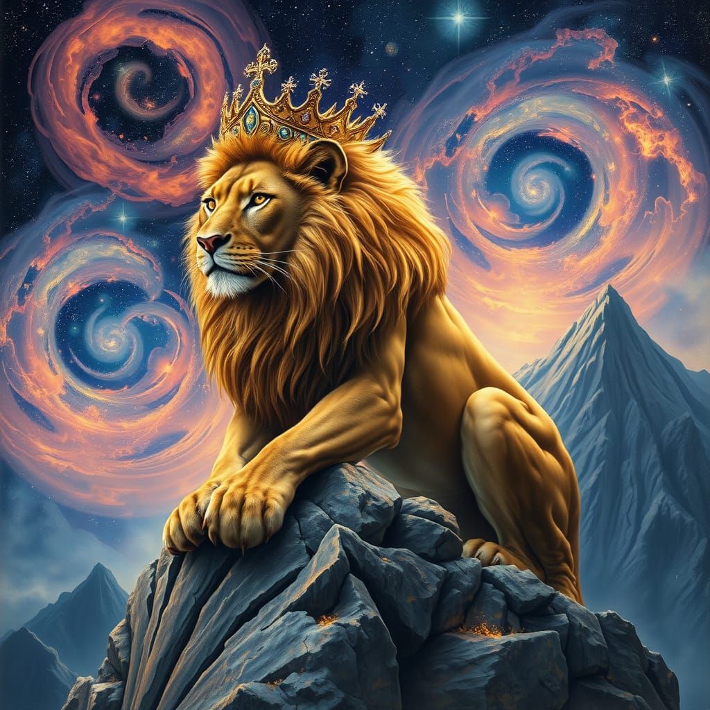 Starlight Lioness Overlooking Cosmic Mountain in Fantasy Sty...