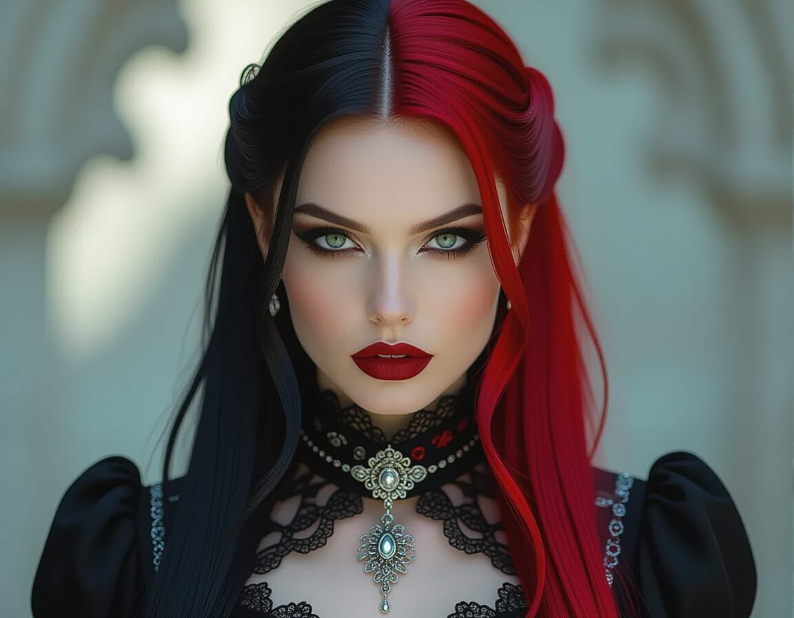 Goth Woman Portrait With Red And Black Hair