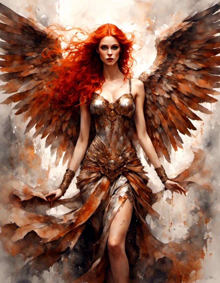Redhead Angel Maiden with Rust Wings in Gouache Style