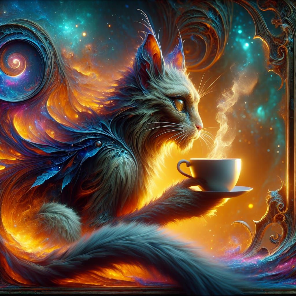 Elegant Cat Enjoys Coffee, Matte Painting Style