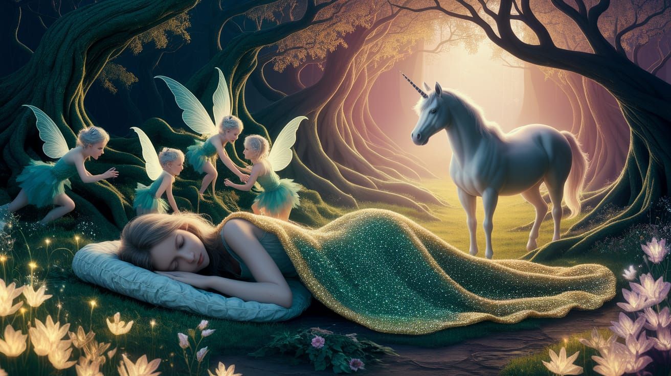 Fairies Guarding Sleeping Girl in Enchanted Forest