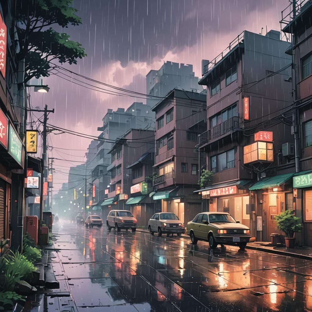 Lofi Rain Scenery in Anime Style