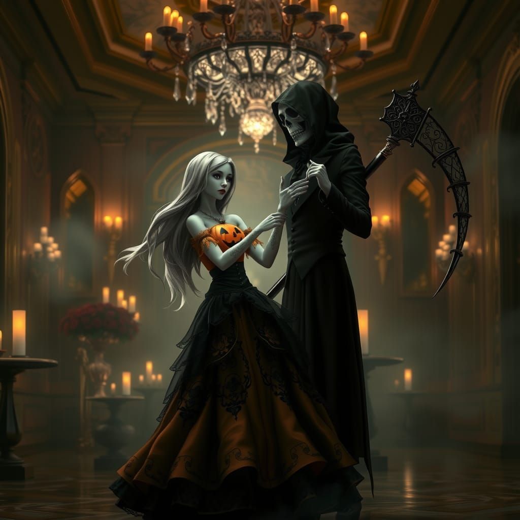 Grim Reaper and Jack'o'Lantern Girl Waltz in Ballroom