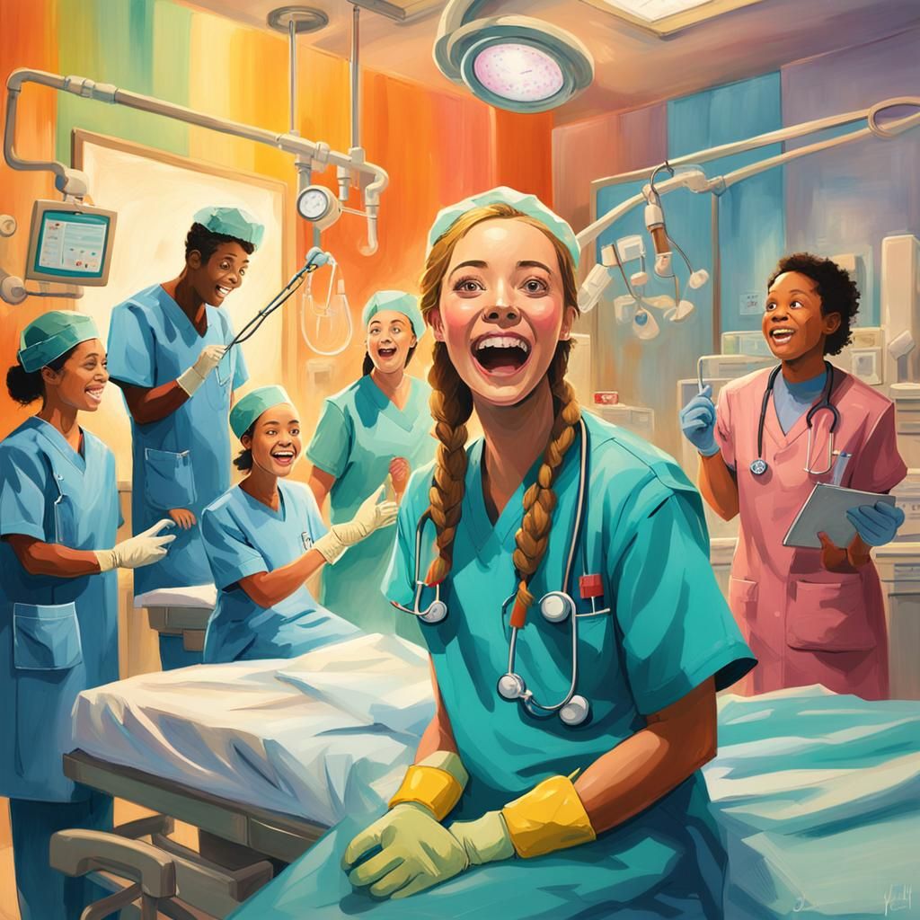 Happy Girl Singing in Surgery Room, Fantasy Art