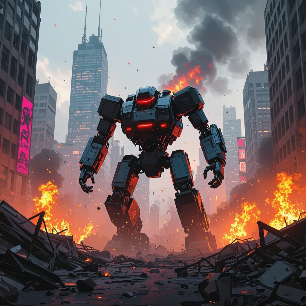 Robot Smashing Burning City: Post-Apocalyptic Art