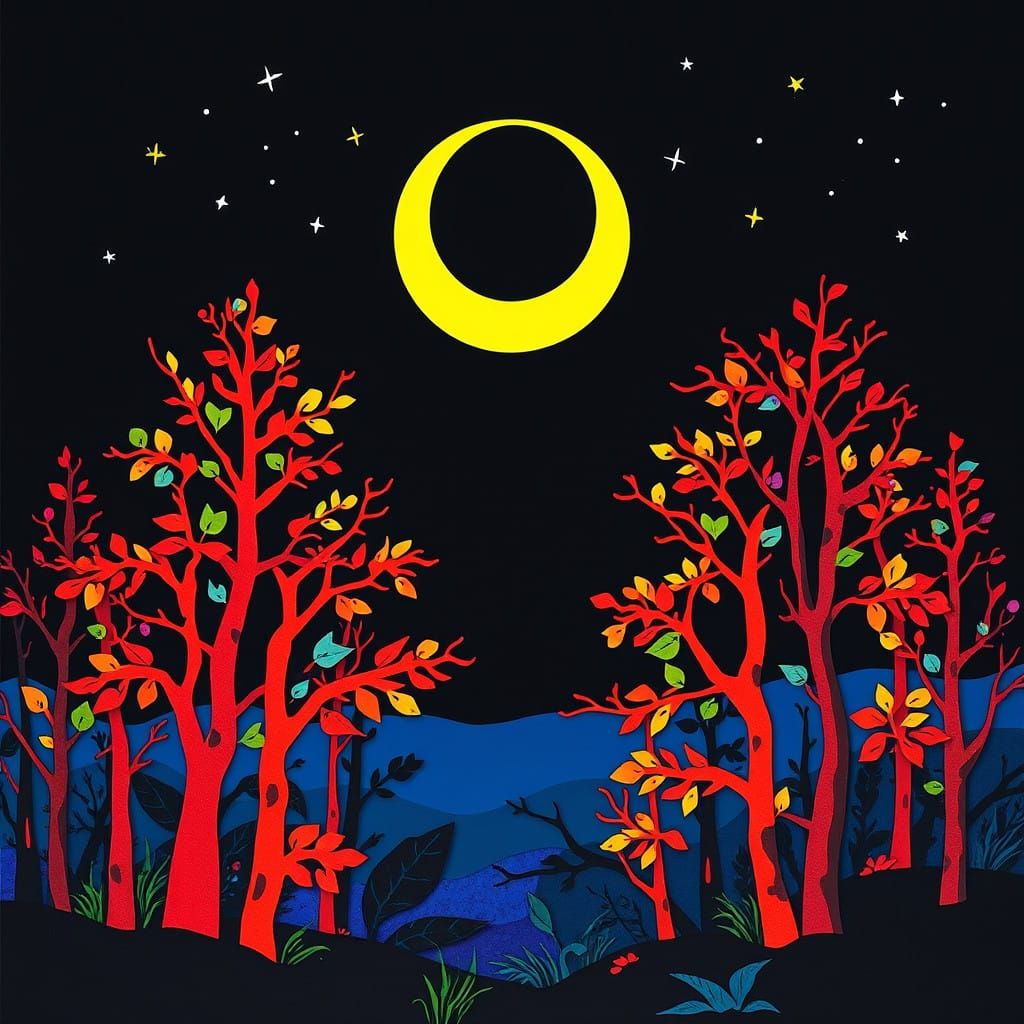 Magical Paper Cutout Forest Landscape in Vibrant Neon Colors