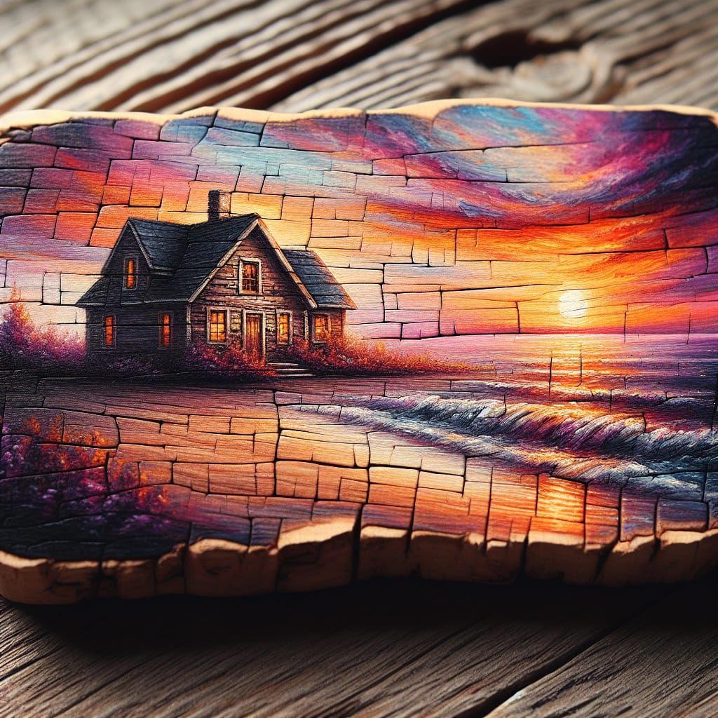 Beach House Sunset Painted on Rustic Wood