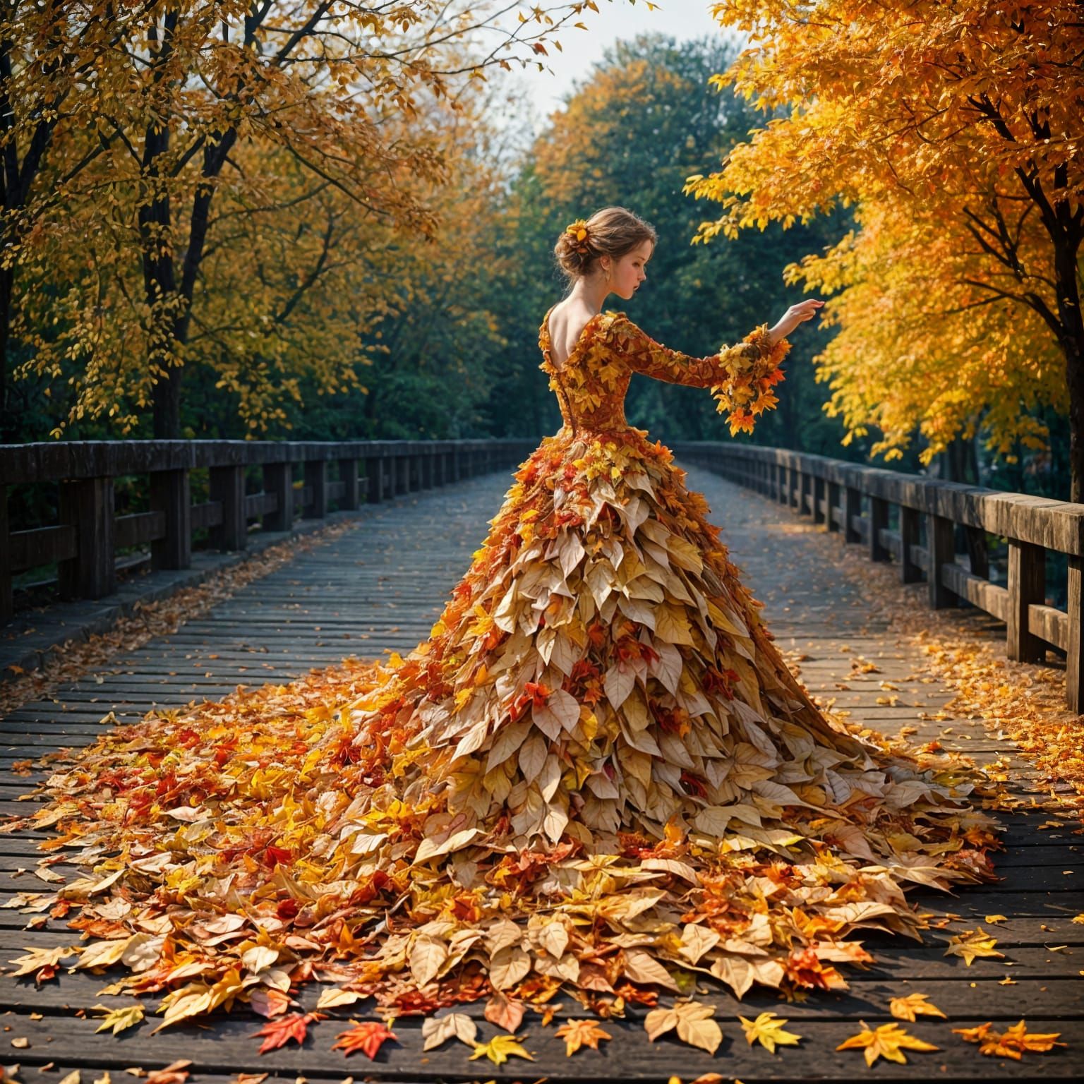 Autumnal Woman in Leaf Gown: Ethereal Masterpiece