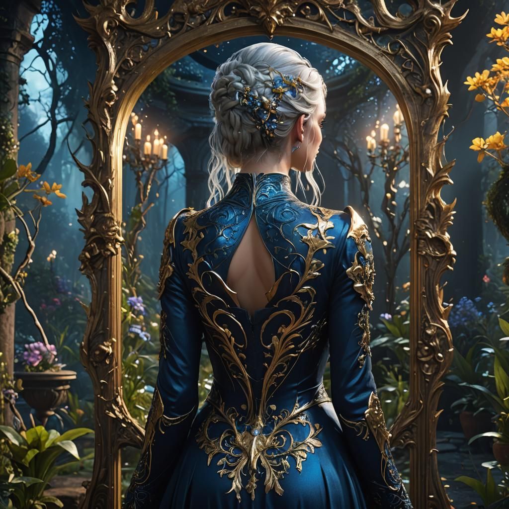 Nyx Gazing at Reflection in Matte Painting Style