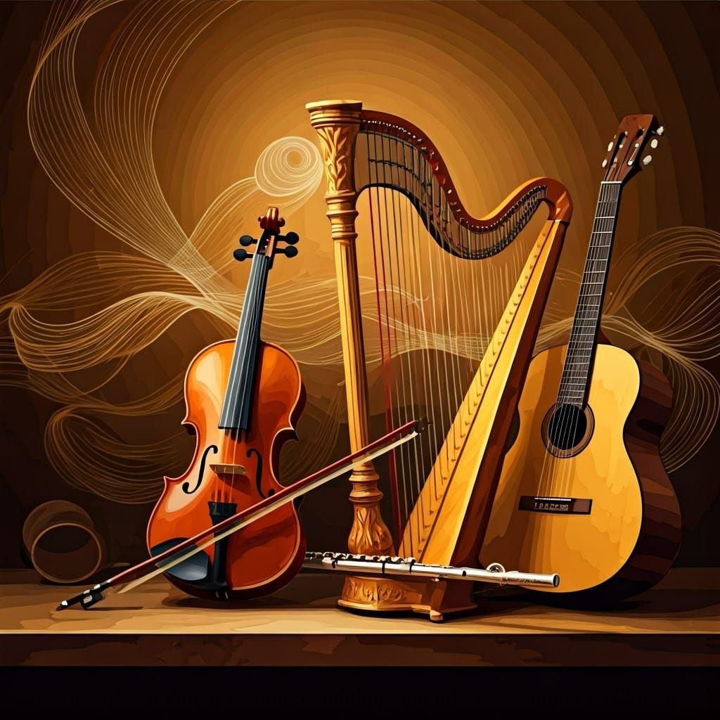 Musical Instruments Still Life in 19th Century Oil Painting ...