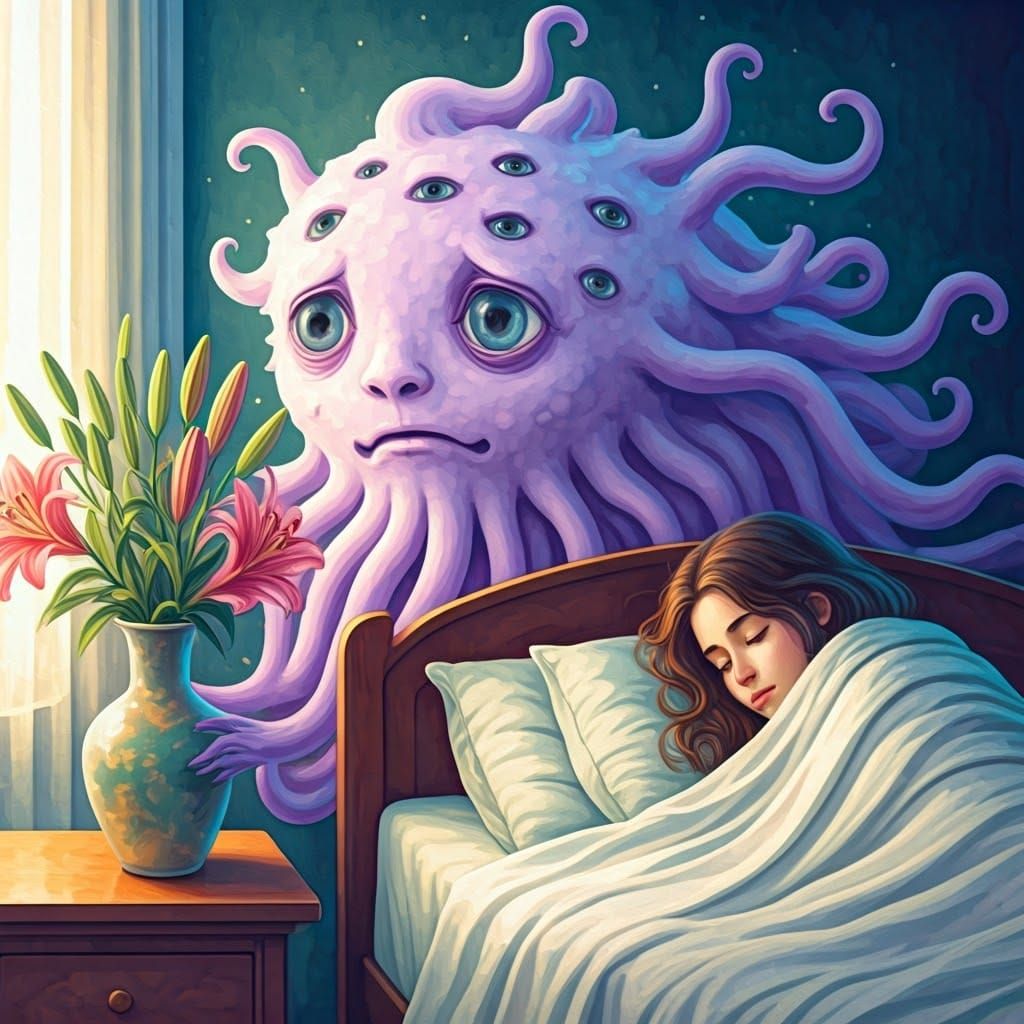 Ethereal Monster Leaves Lilies in a Dreamlike Watercolor Sce...