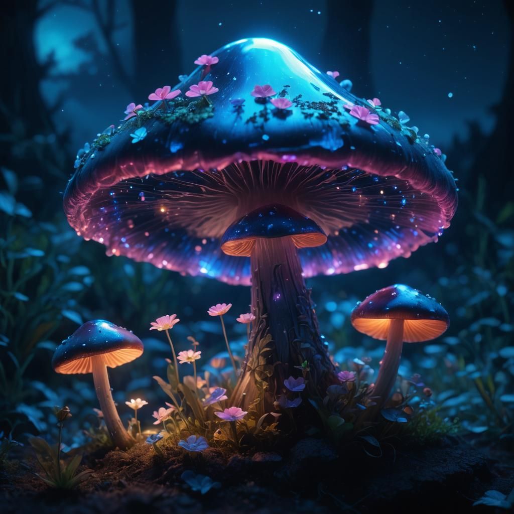 Bioluminescent Glass Mushroom: Detailed Fantasy Concept Art