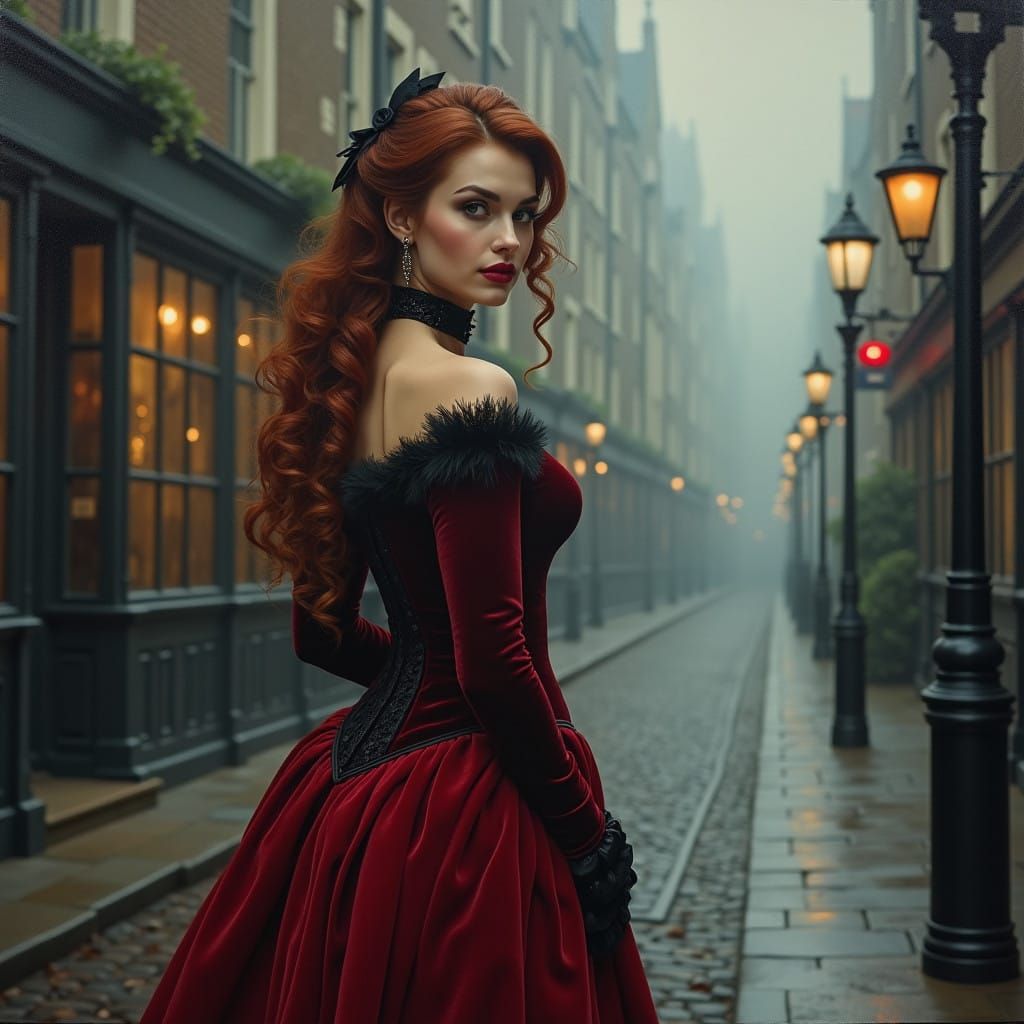 Gothic Victorian Lady Exudes Mystery in Foggy London Street