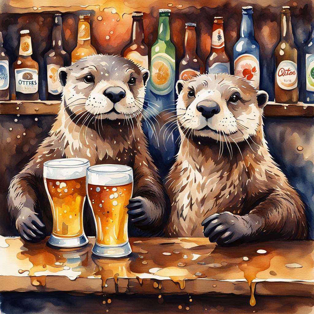 Otters Enjoying Beer in Watercolor Art Style