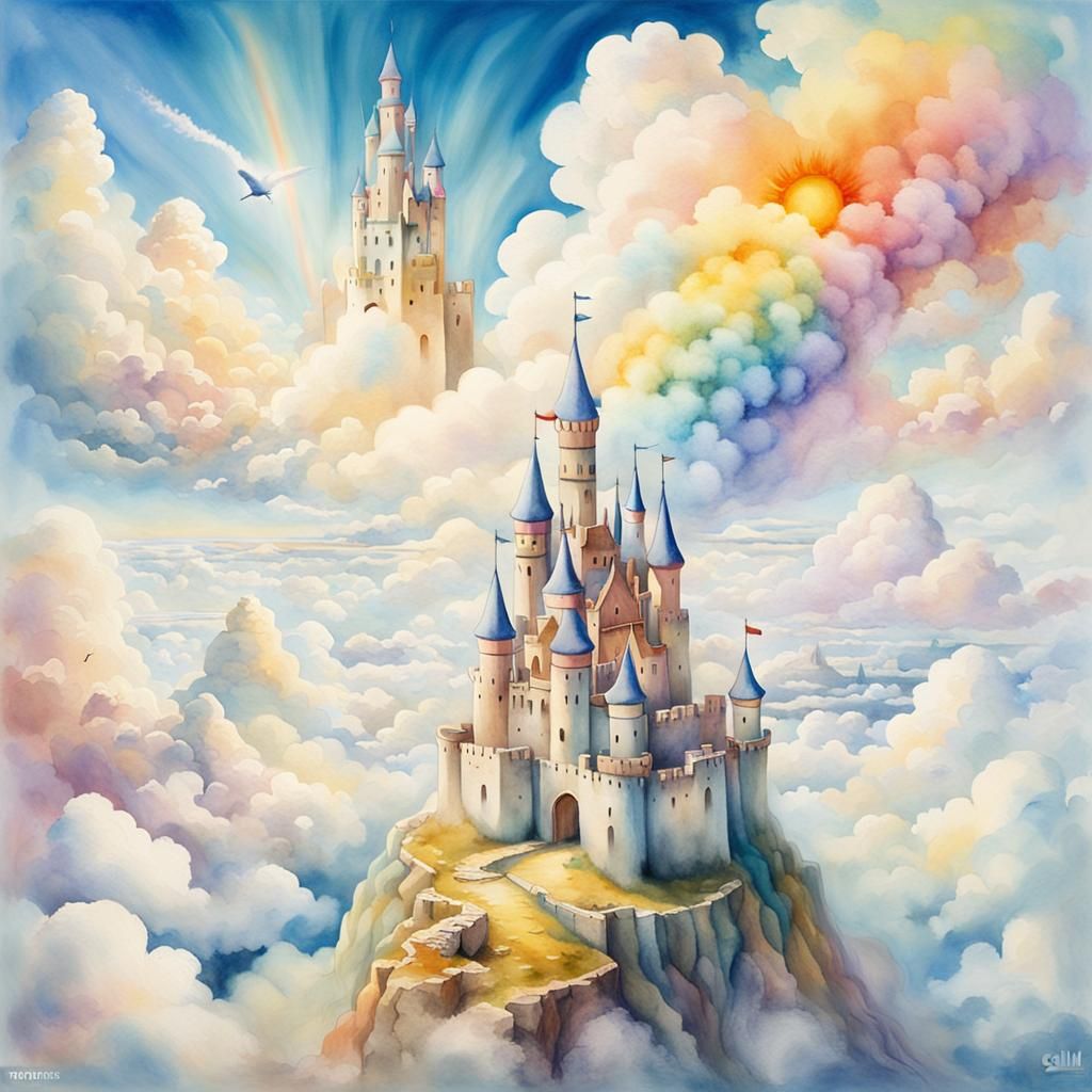 Girl Builds Rainbow Castles in Dreamy Sky