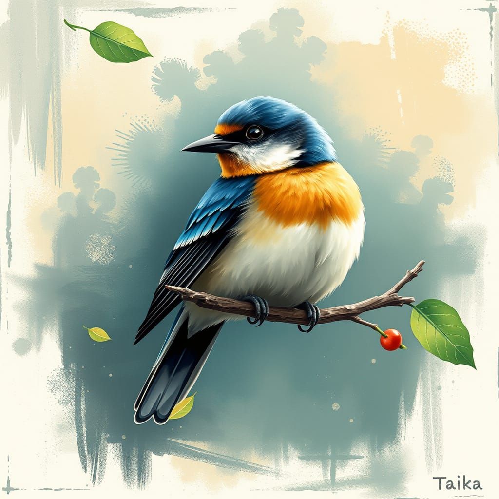 Colorful Bird on Branch: Digital Art Illustration