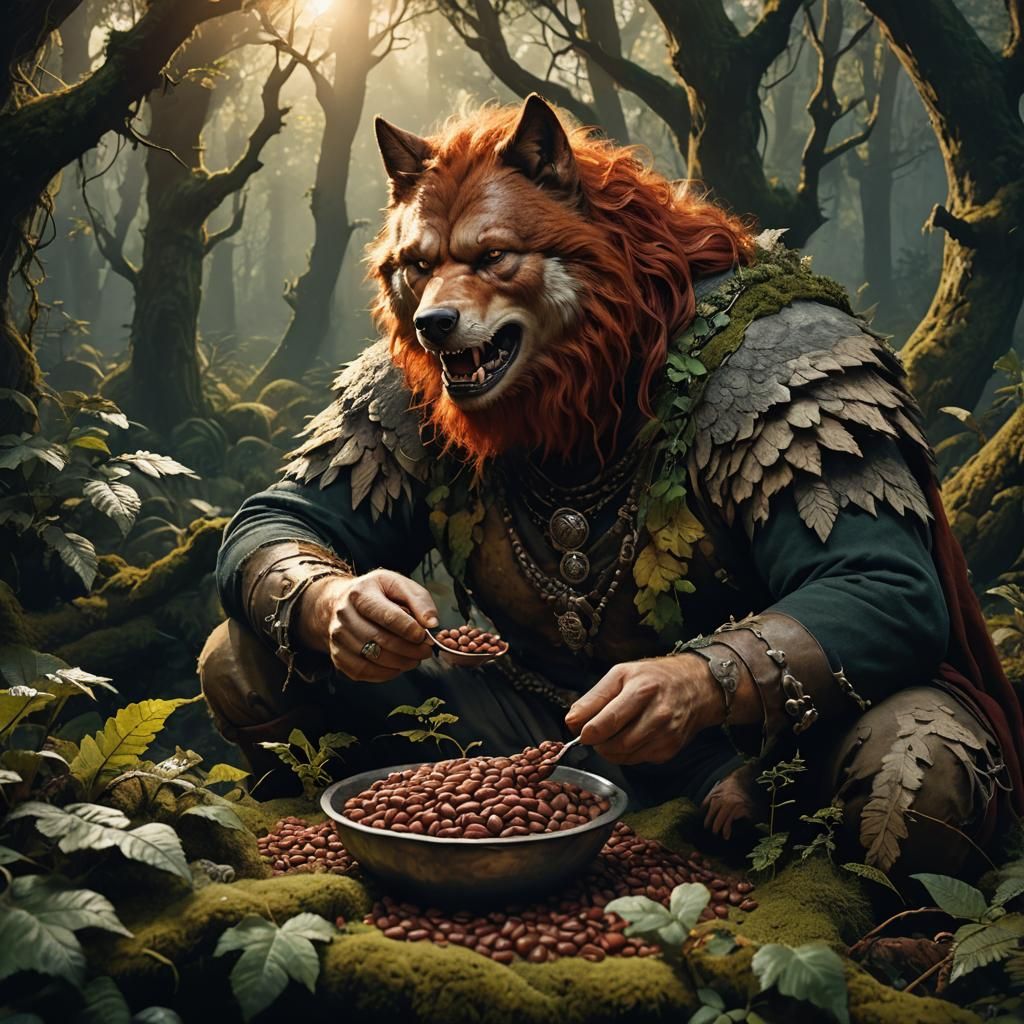 Wolf-Clad Man Eating Beans in Mystical Forest