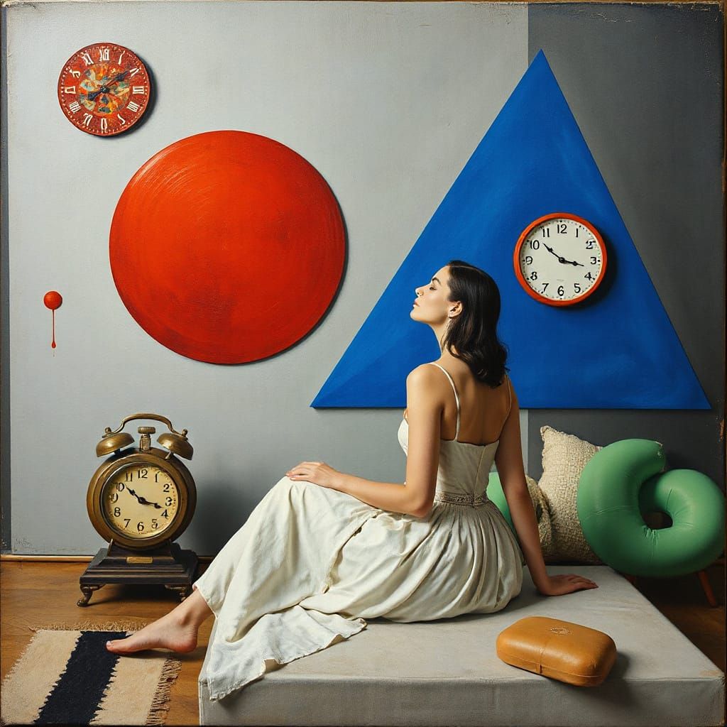 Surreal Art Deco Scene with Melting Clocks and a Woman
