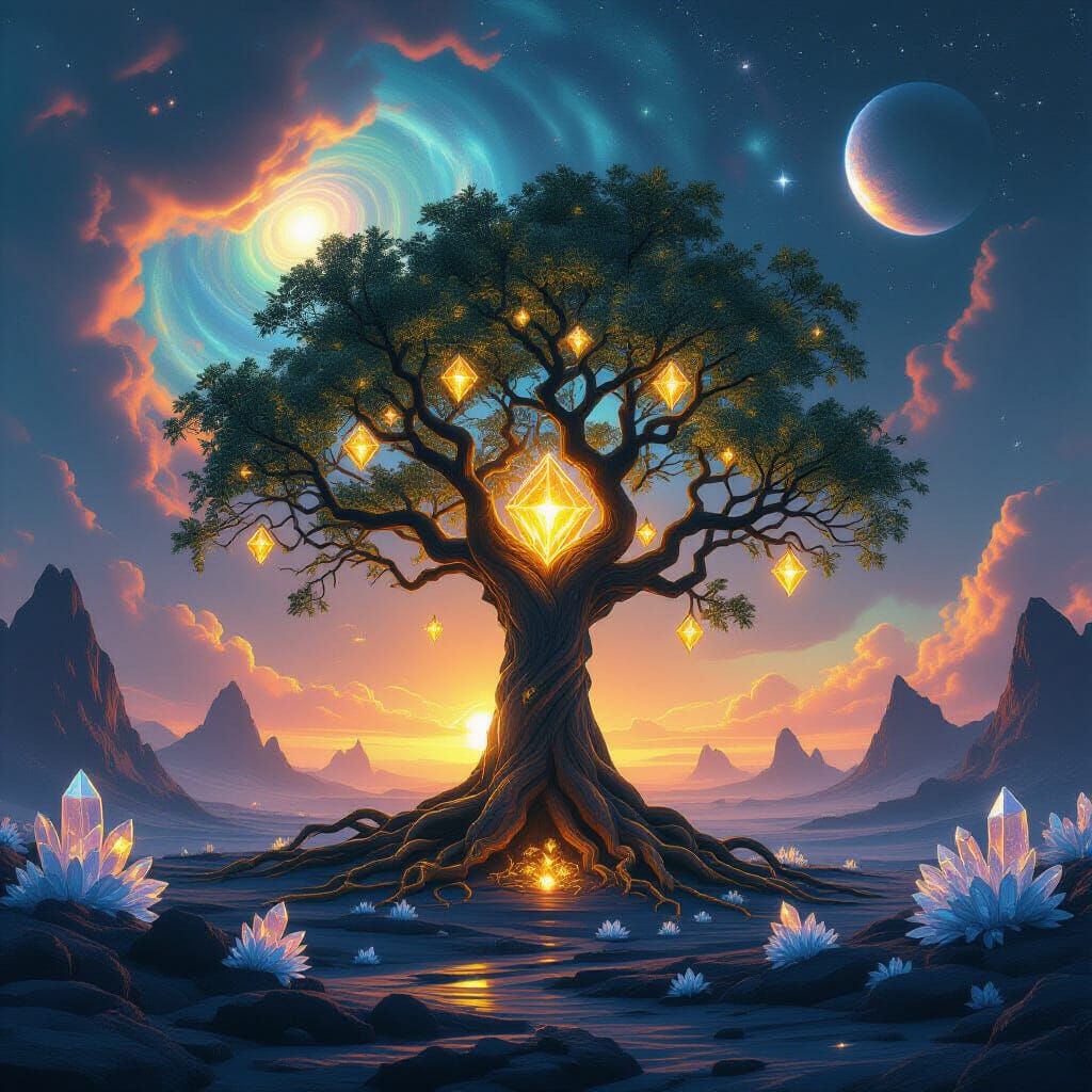 Ancient Tree on Alien Planet with Diamond Fruit