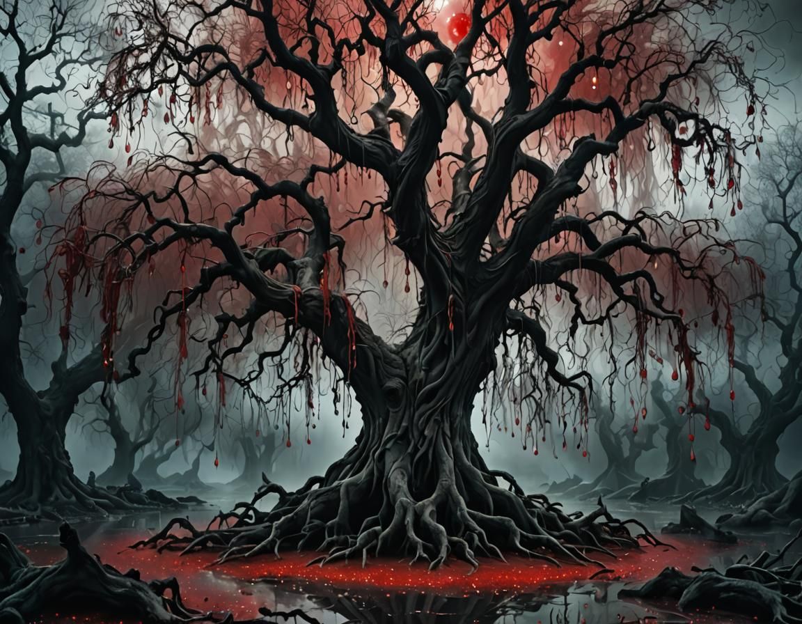 Eerie Willow Tree with Red Crystal Drops