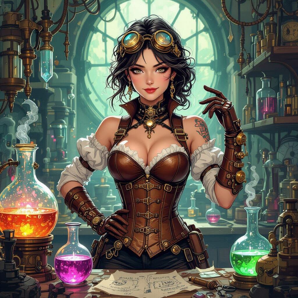 Steampunk Alchemist in Laboratory, Gouache Style