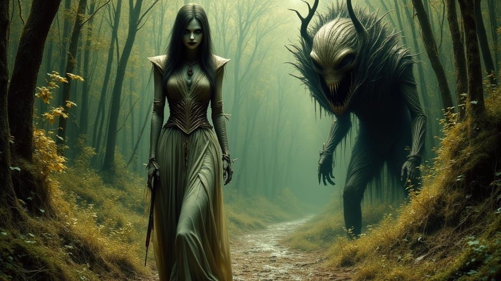 Serene Woman in Forest with Hidden Shadow